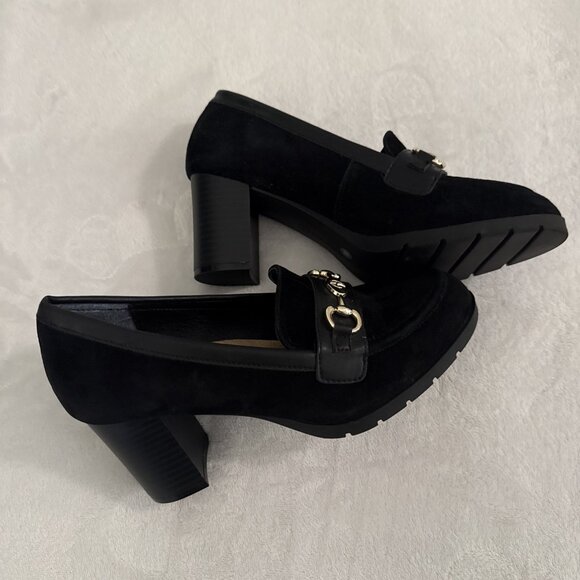Gianni Bernini Porshaa Black Suede Loafer Heels With Gold Buckle Women's Size 8M - Picture 4 of 12